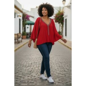 Catherines Womens 4X Red Beaded V-Neck Pleated Kimono Sleeve Tunic Top